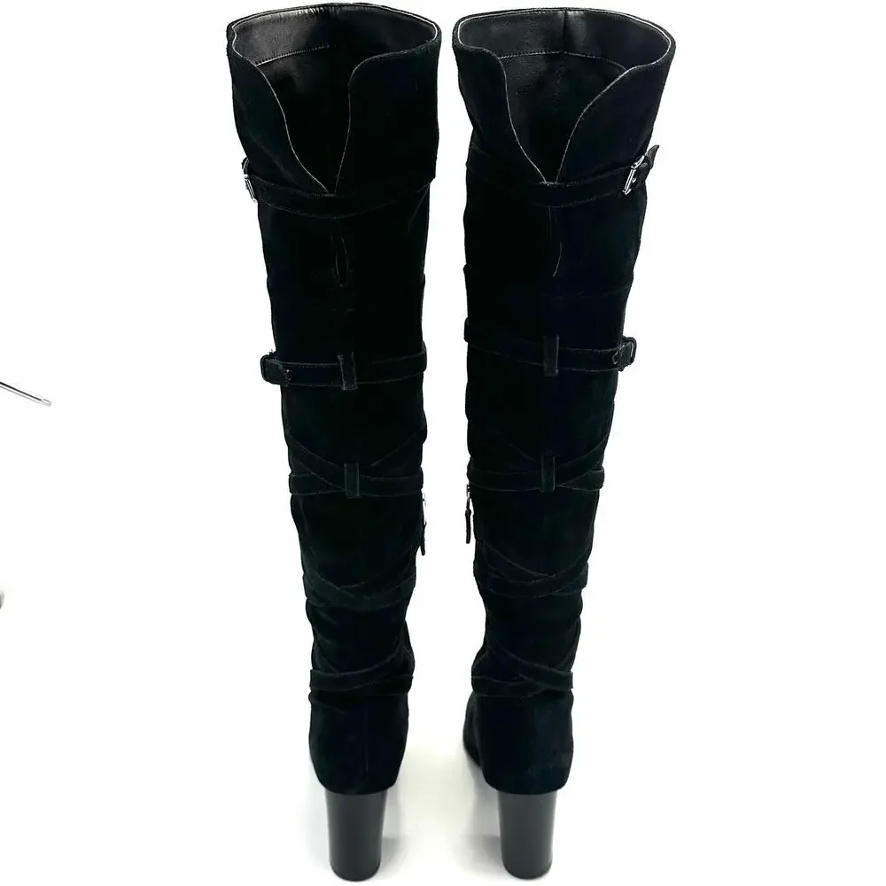 Sam Edelman Sable Black Over-The-Knee Boot Sz 9.5 Suede Heeled Adjustable Straps